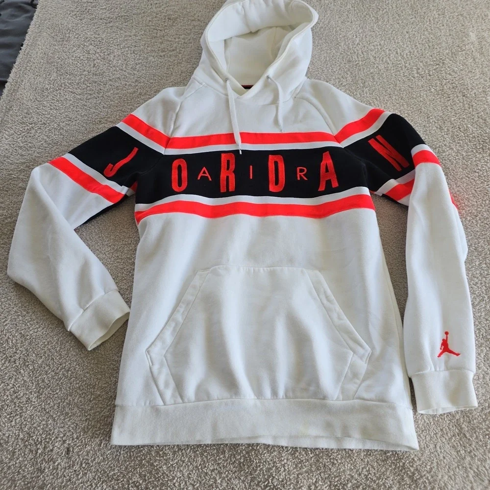 Nike Air Jordan Hoodie Men's S Pull-Over Sweatshirt White W/Orange & Black Retro